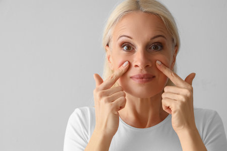 Mature woman doing face building exercise on light background, closeupの写真素材