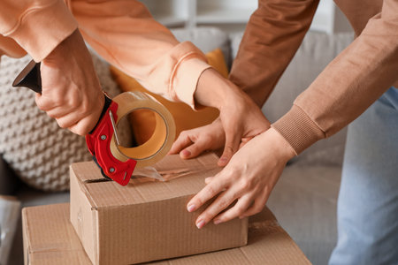 Young couple taping cardboard box in room on moving day, closeup