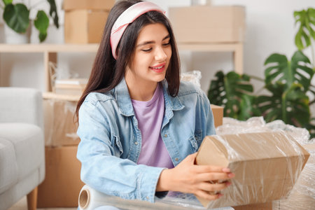 Young woman wrapping cardboard box with stretch film at home on moving dayの写真素材