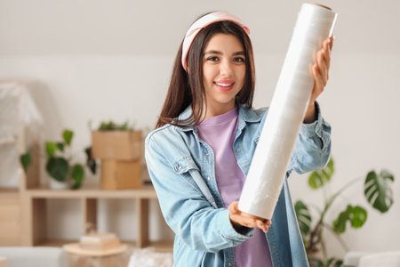 Young woman with roll of stretch wrap at home on moving dayの写真素材
