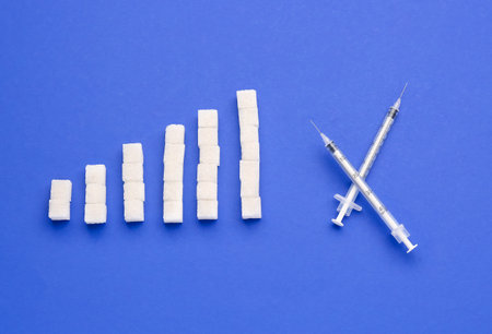Sugar cubes with syringes for insulin injection on blue backgroundの写真素材