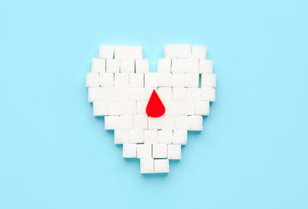 Heart made of sugar cubes with paper blood drop on blue background. Diabetes conceptの写真素材