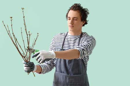 Male gardener cutting tree branches with secateurs on green backgroundの写真素材