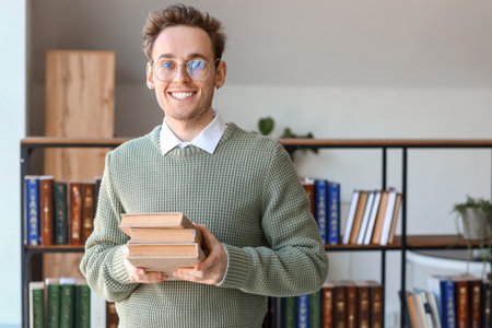 Young man with books in libraryの写真素材