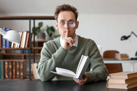 Young man with book showing silence gesture at table in library