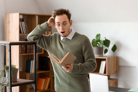 Shocked young man reading book in library