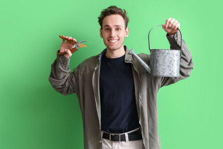 Young man with secateurs and watering can on green backgroundの写真素材