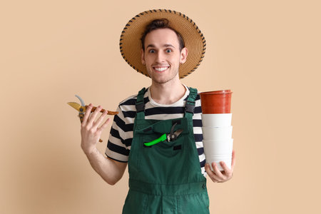 Male gardener with secateurs and plant pots on beige background