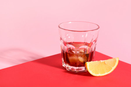 Glass of rum with ice cubes and lemon slice on colorful backgroundの写真素材