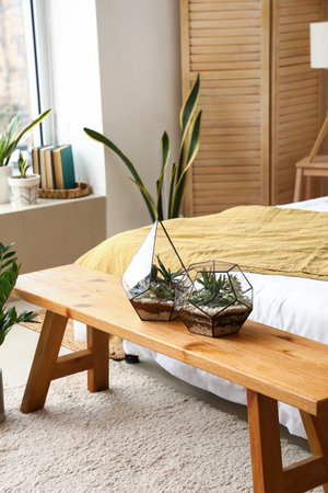 Florariums on wooden bench in the bedroomの写真素材