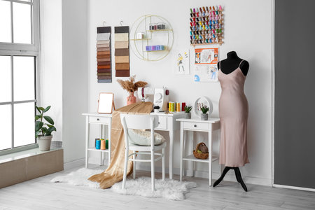 Interior of atelier with tailor's workplace, shelf and mannequinの写真素材