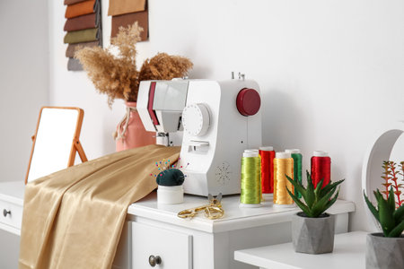 Tailor's workplace with thread spools and sewing machine in atelier
