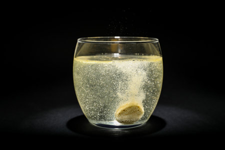 Glass of water with soluble tablet on black backgroundの写真素材
