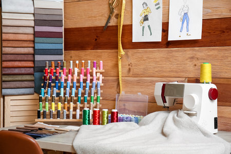 Stand with thread spools and sewing machine on table in atelierの写真素材