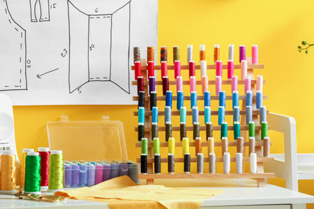 Stand with thread spools on table in stylish atelier