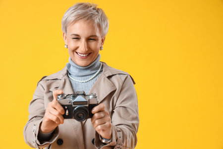 Beautiful mature woman with photo camera on yellow background