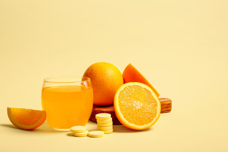 Board with glass of vitamin C effervescent tablet dissolved in water and oranges on beige backgroundの写真素材