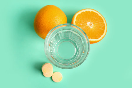 Glass of water, vitamin C effervescent tablets and oranges on turquoise background