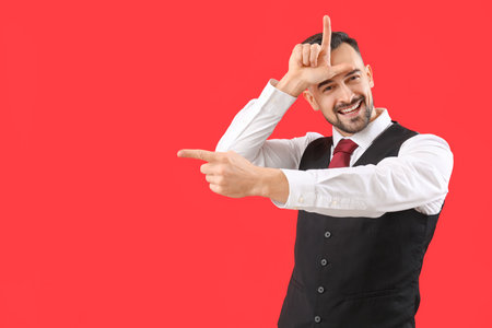 Handsome man showing loser gesture on red backgroundの写真素材