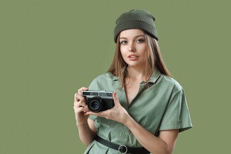 Fashionable young woman with vintage photo camera on green backgroundの写真素材