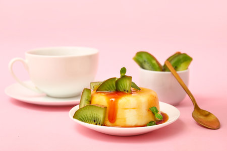 Plate with delicious pudding and kiwi covered by caramel syrup on pink backgroundの写真素材