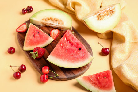 Board with pieces of fresh watermelon and different berries on yellow backgroundの写真素材