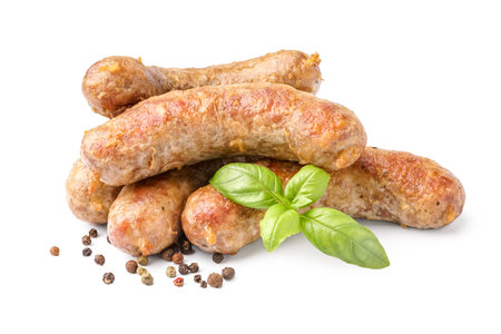 Tasty homemade sausage isolated on white backgroundの写真素材