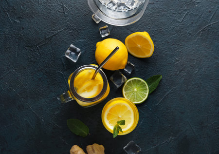 Glass and mason jar of infused water with lemon on black backgroundの写真素材