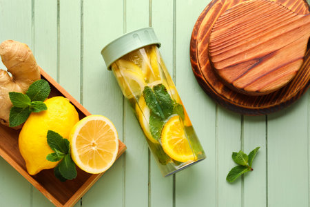 Sports bottle of infused water and box with lemon on green wooden backgroundの写真素材