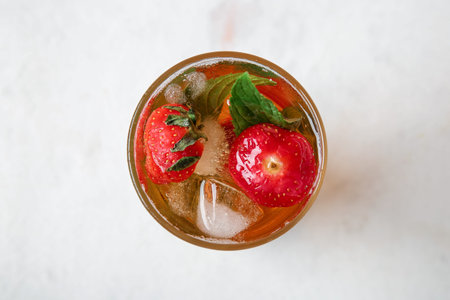 Glass of ice tea with strawberry and mint on white background