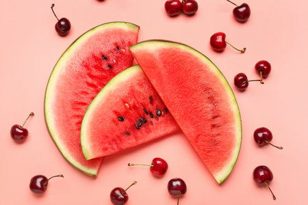 Pieces of fresh watermelon and cherry on pink backgroundの写真素材