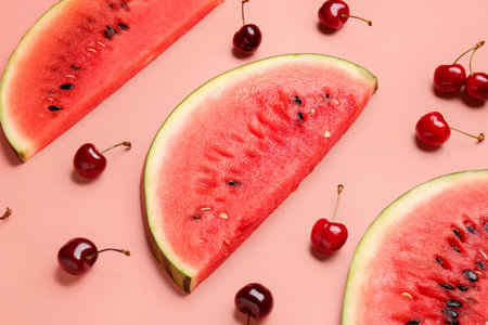 Pieces of fresh watermelon and cherry on pink backgroundの写真素材