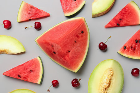 Pieces of fresh watermelon and different berries on gray backgroundの写真素材
