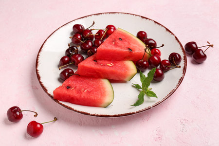 Pieces of fresh watermelon and cherry on pink backgroundの写真素材