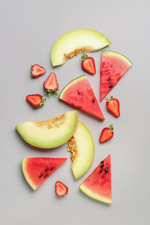 Pieces of fresh watermelon and different berries on gray backgroundの写真素材