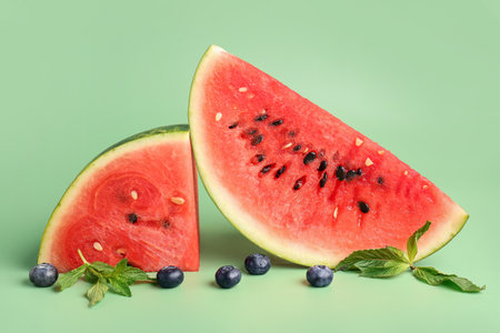 Pieces of fresh watermelon and blueberries on green backgroundの写真素材