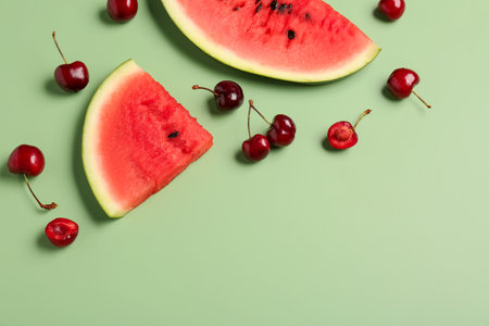 Pieces of fresh watermelon and cherries on green backgroundの写真素材