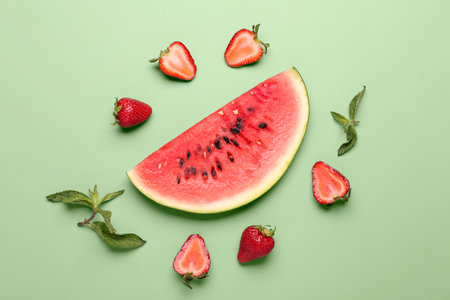 Piece of fresh watermelon and strawberries on green backgroundの写真素材