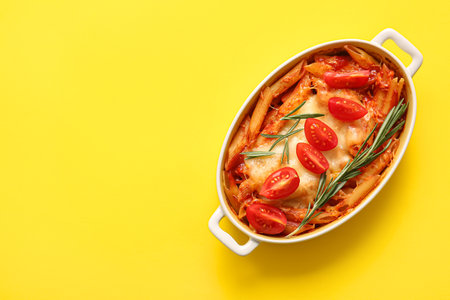 Baking dish of pasta with tomato sauce and cheese on yellow backgroundの写真素材