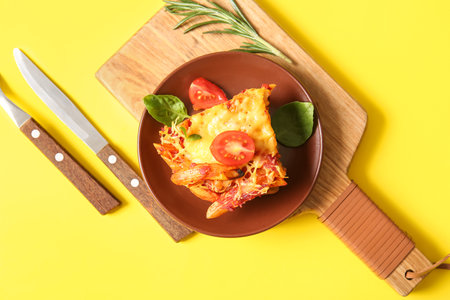 Plate of pasta with tomato sauce and cheese on yellow backgroundの写真素材