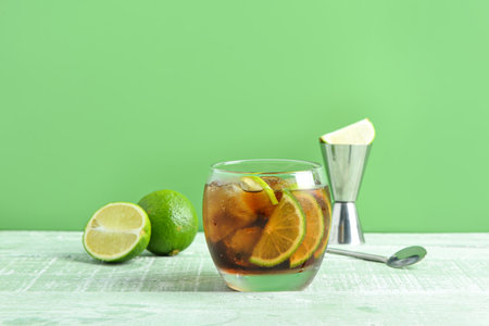 Glass of cold Cuba Libre cocktail and limes on green wooden tableの写真素材
