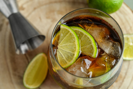 Glass of cold Cuba Libre cocktail on wooden tableの写真素材