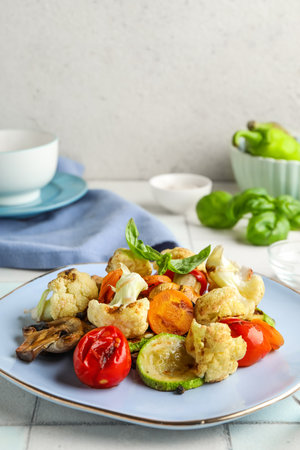 Plate with grilled vegetables and basil on white tile backgroundの写真素材