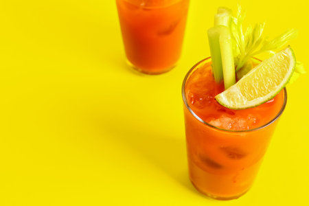 Glasses of bloody mary with celery and lime on yellow backgroundの写真素材