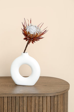 Wooden chest of drawers and protea flower near beige wall in room, closeupの写真素材
