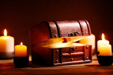 Decorative box with burning candles on dark background