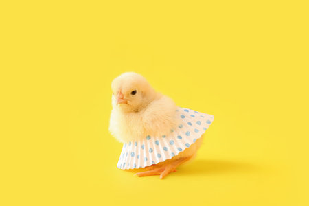 Cute little chick with skirt on yellow background