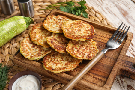 Board of tasty zucchini fritters with sour cream on light wooden backgroundの写真素材