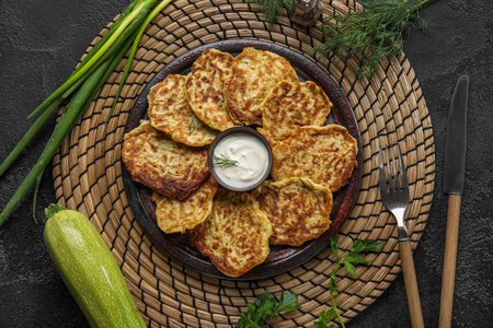 Plate of tasty zucchini fritters with sour cream on black backgroundの写真素材