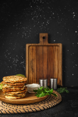 Plate of tasty zucchini fritters with sour cream on tableの写真素材